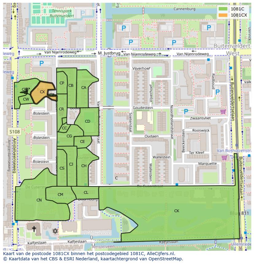 Afbeelding van het postcodegebied 1081 CX op de kaart.