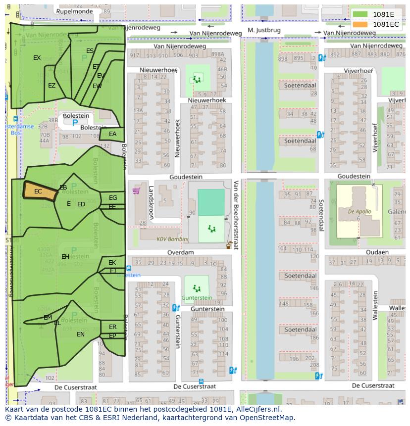 Afbeelding van het postcodegebied 1081 EC op de kaart.