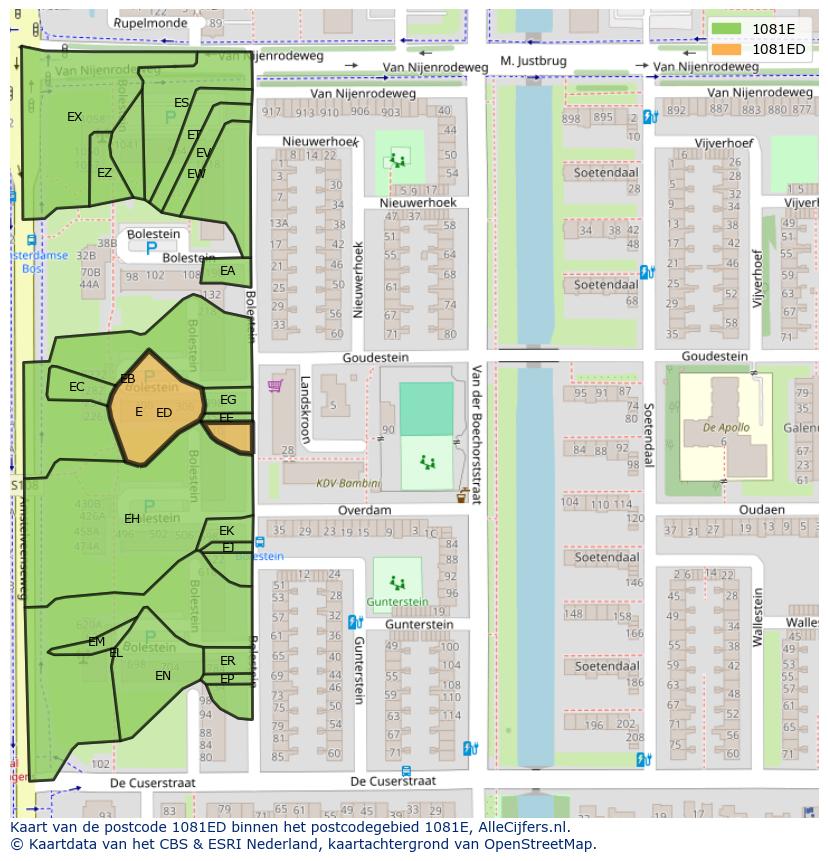 Afbeelding van het postcodegebied 1081 ED op de kaart.