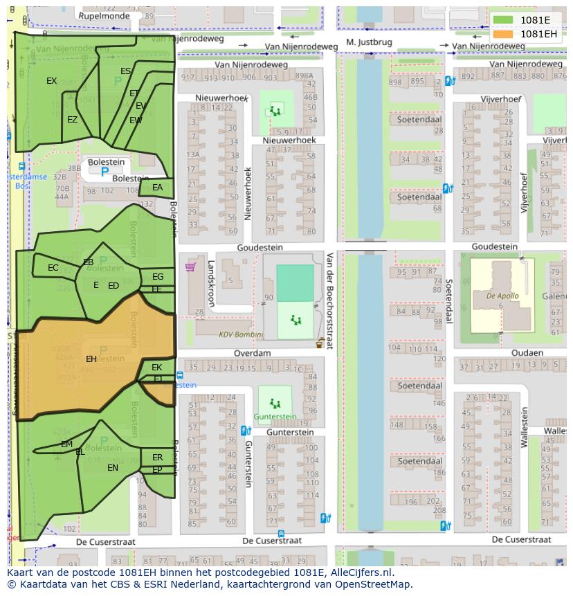 Afbeelding van het postcodegebied 1081 EH op de kaart.
