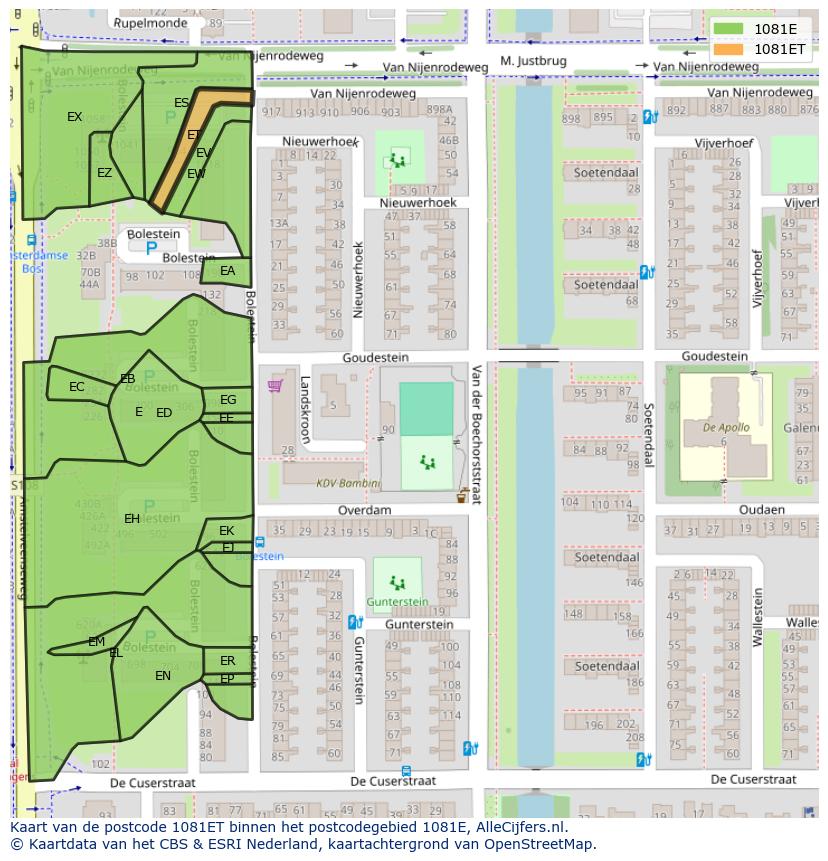 Afbeelding van het postcodegebied 1081 ET op de kaart.