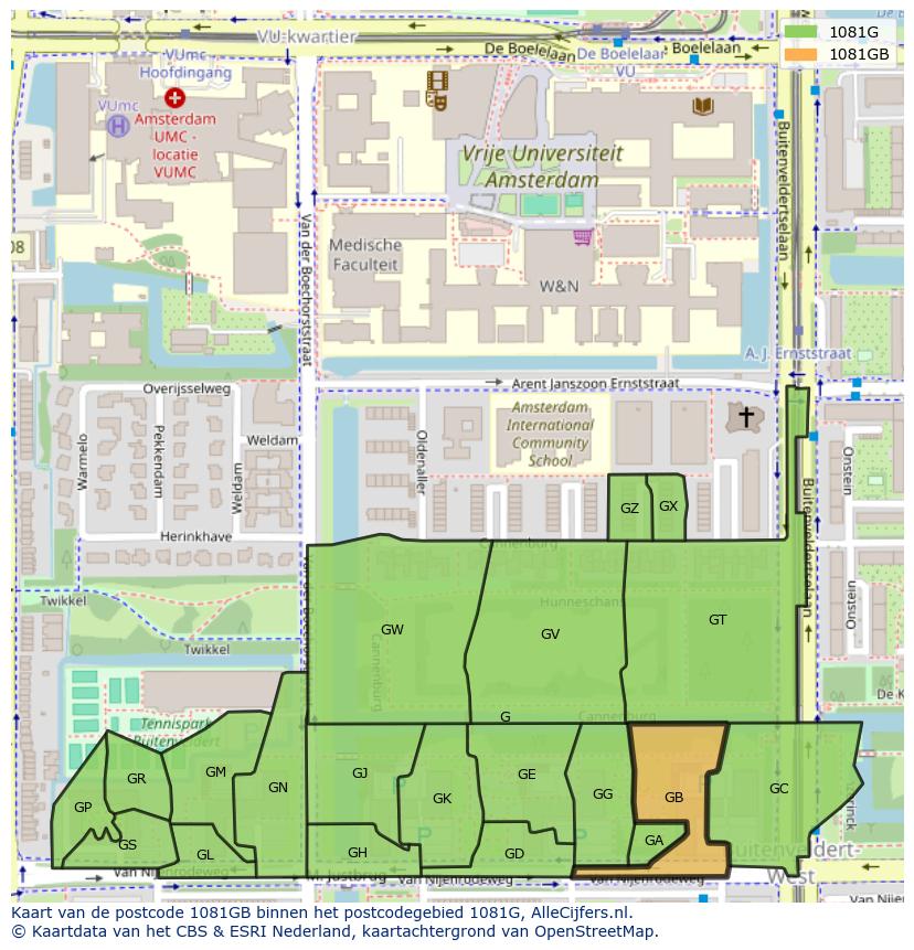 Afbeelding van het postcodegebied 1081 GB op de kaart.