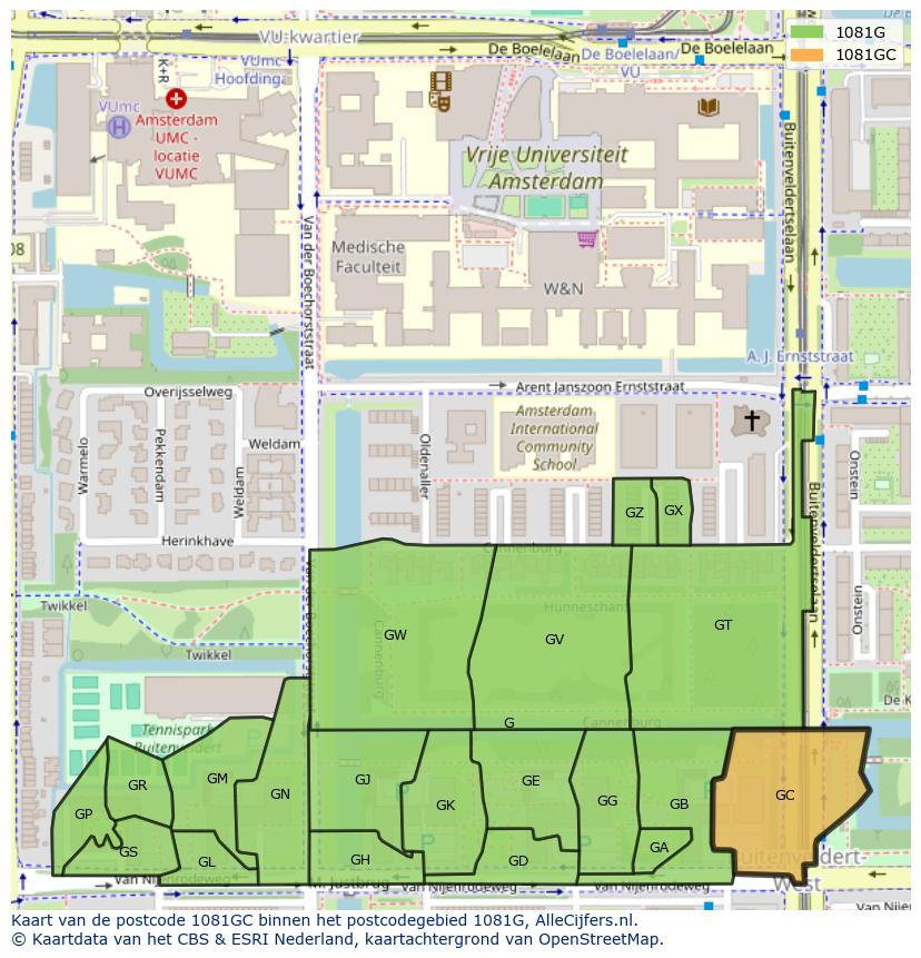 Afbeelding van het postcodegebied 1081 GC op de kaart.