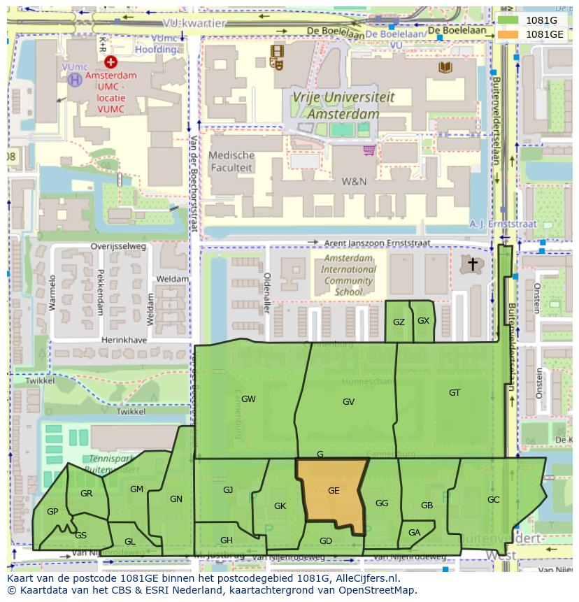 Afbeelding van het postcodegebied 1081 GE op de kaart.