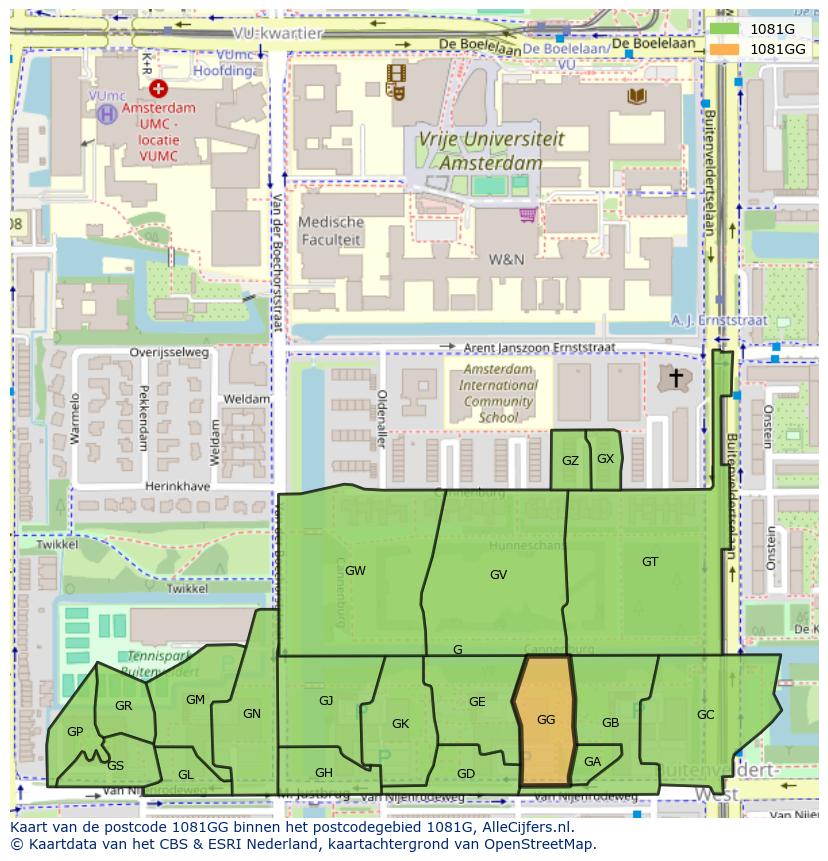 Afbeelding van het postcodegebied 1081 GG op de kaart.
