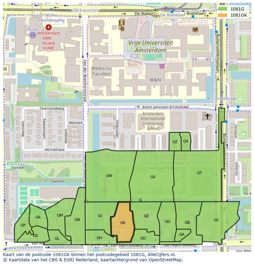 Afbeelding van het postcodegebied 1081 GK op de kaart.