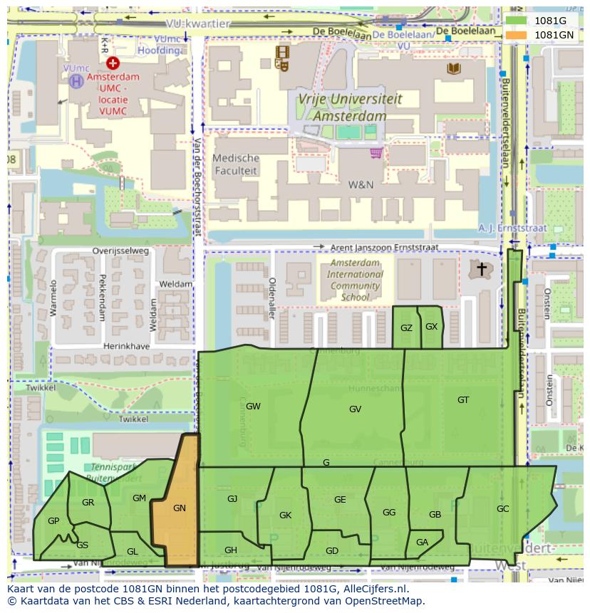 Afbeelding van het postcodegebied 1081 GN op de kaart.