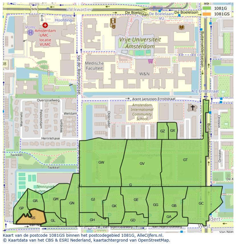 Afbeelding van het postcodegebied 1081 GS op de kaart.