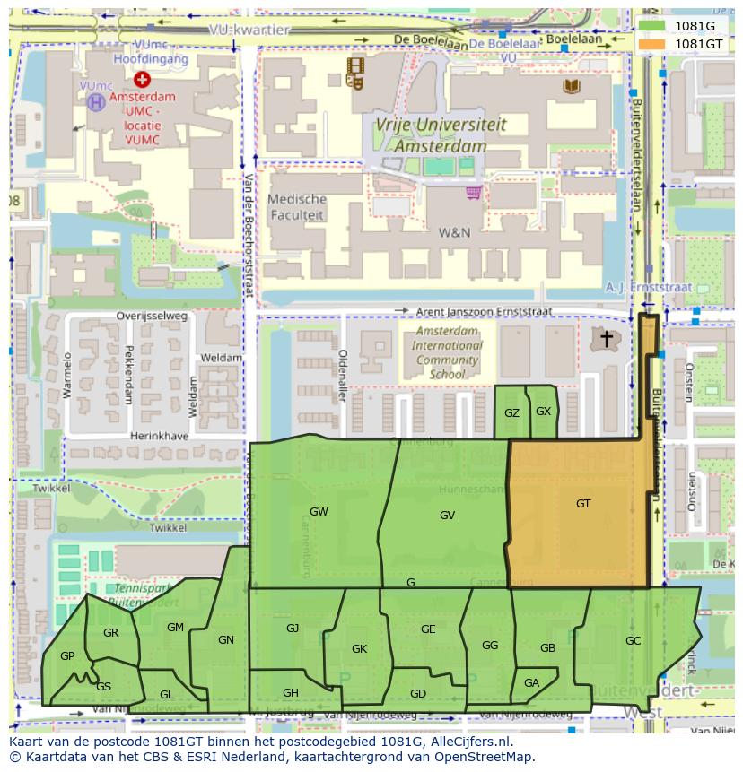 Afbeelding van het postcodegebied 1081 GT op de kaart.