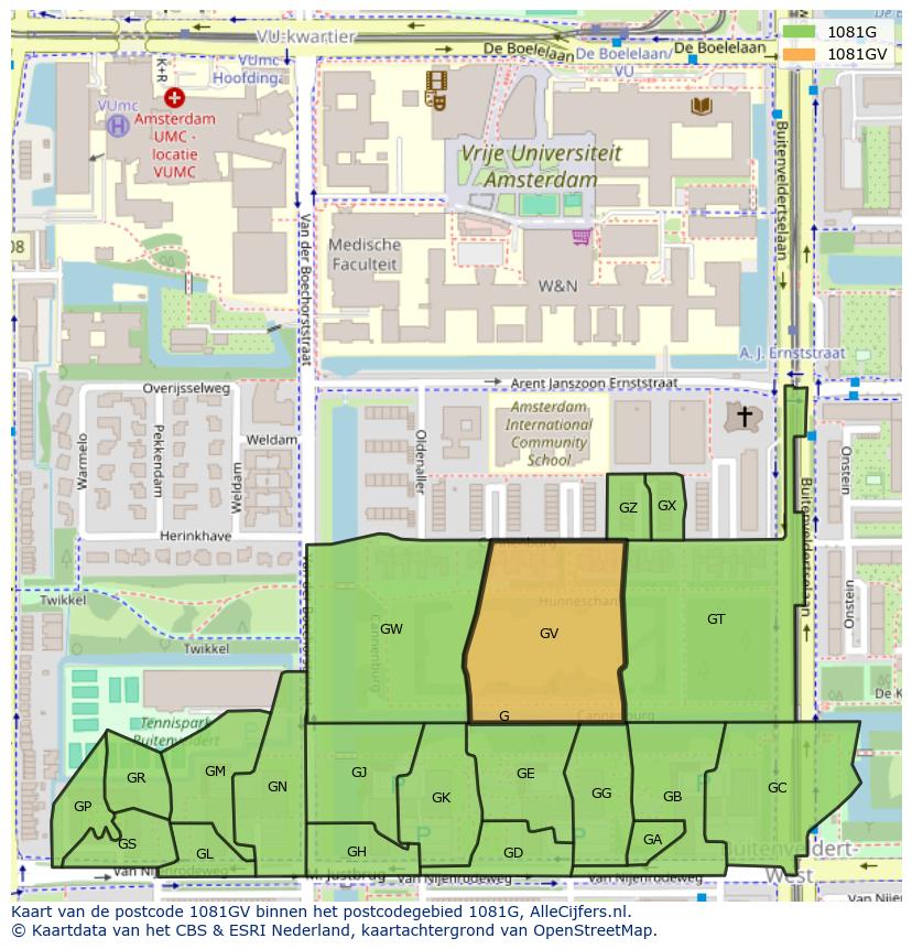 Afbeelding van het postcodegebied 1081 GV op de kaart.
