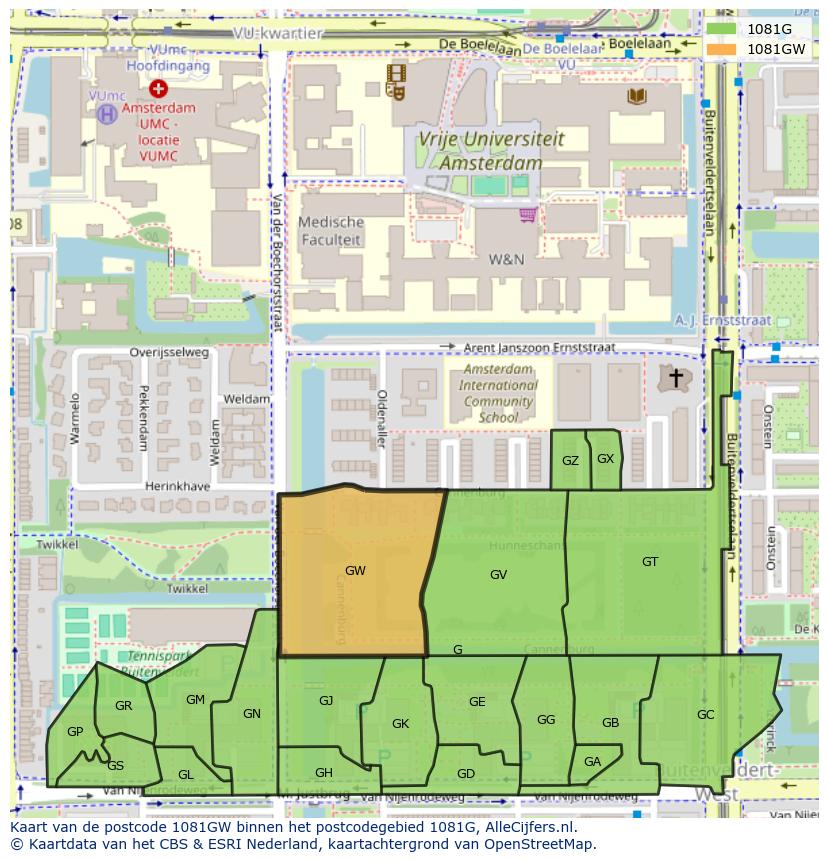 Afbeelding van het postcodegebied 1081 GW op de kaart.
