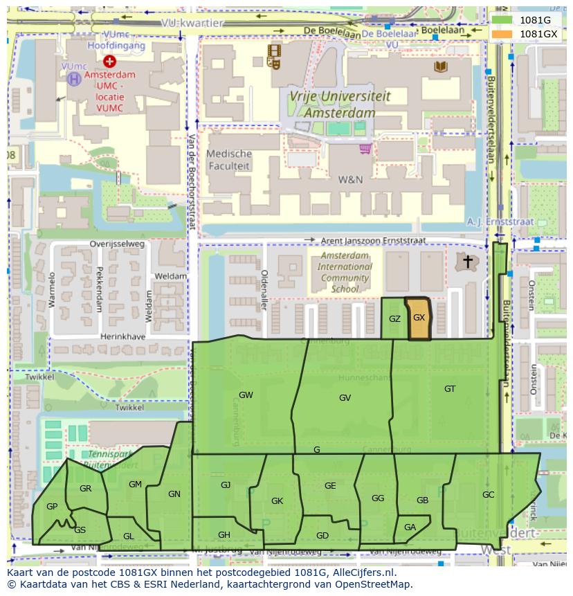 Afbeelding van het postcodegebied 1081 GX op de kaart.