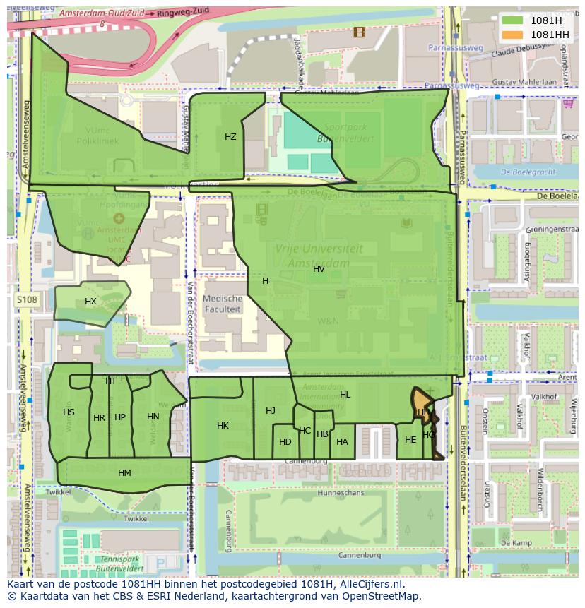 Afbeelding van het postcodegebied 1081 HH op de kaart.