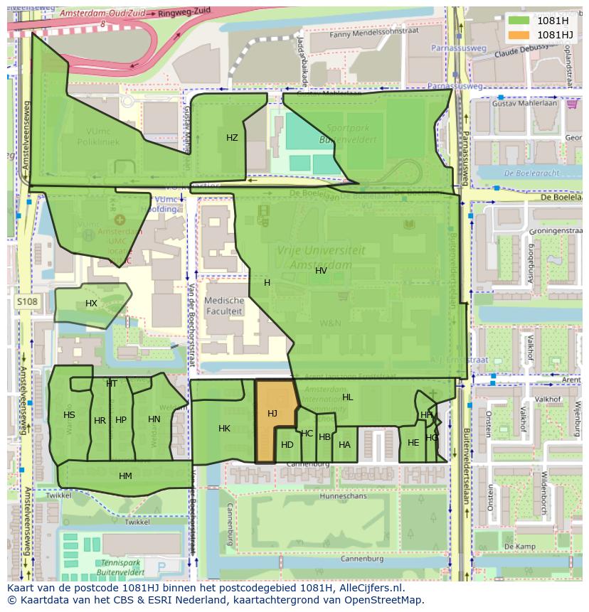 Afbeelding van het postcodegebied 1081 HJ op de kaart.