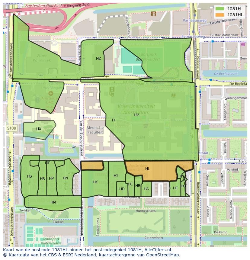 Afbeelding van het postcodegebied 1081 HL op de kaart.