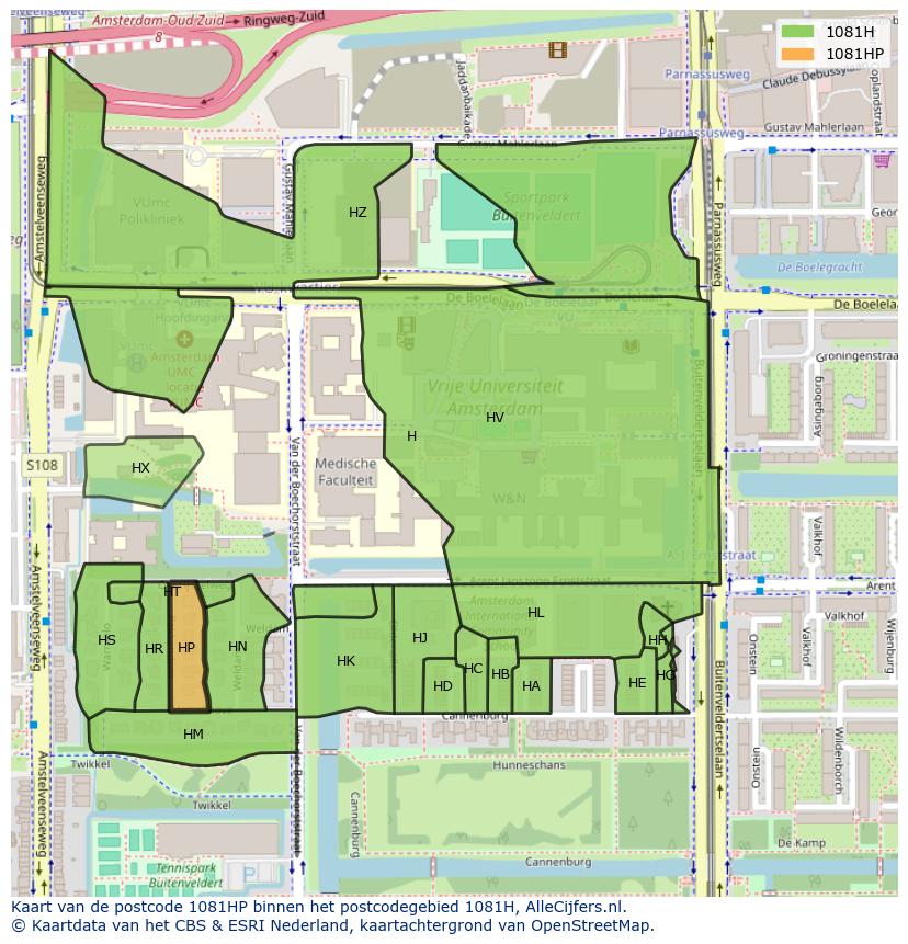 Afbeelding van het postcodegebied 1081 HP op de kaart.