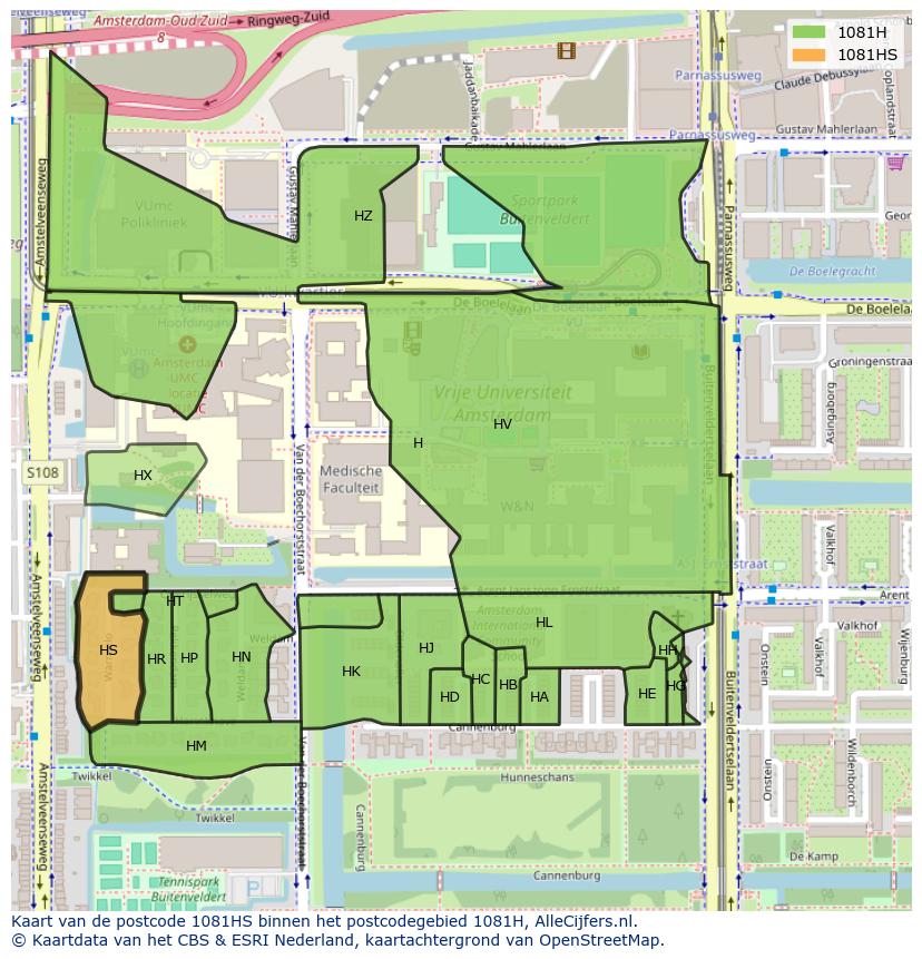 Afbeelding van het postcodegebied 1081 HS op de kaart.