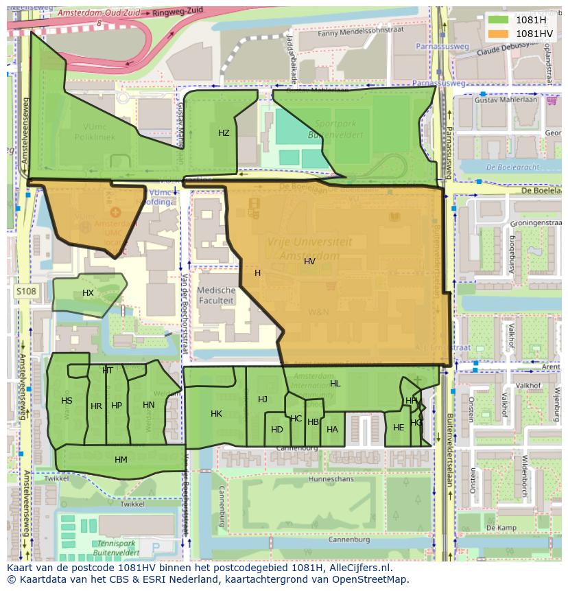 Afbeelding van het postcodegebied 1081 HV op de kaart.
