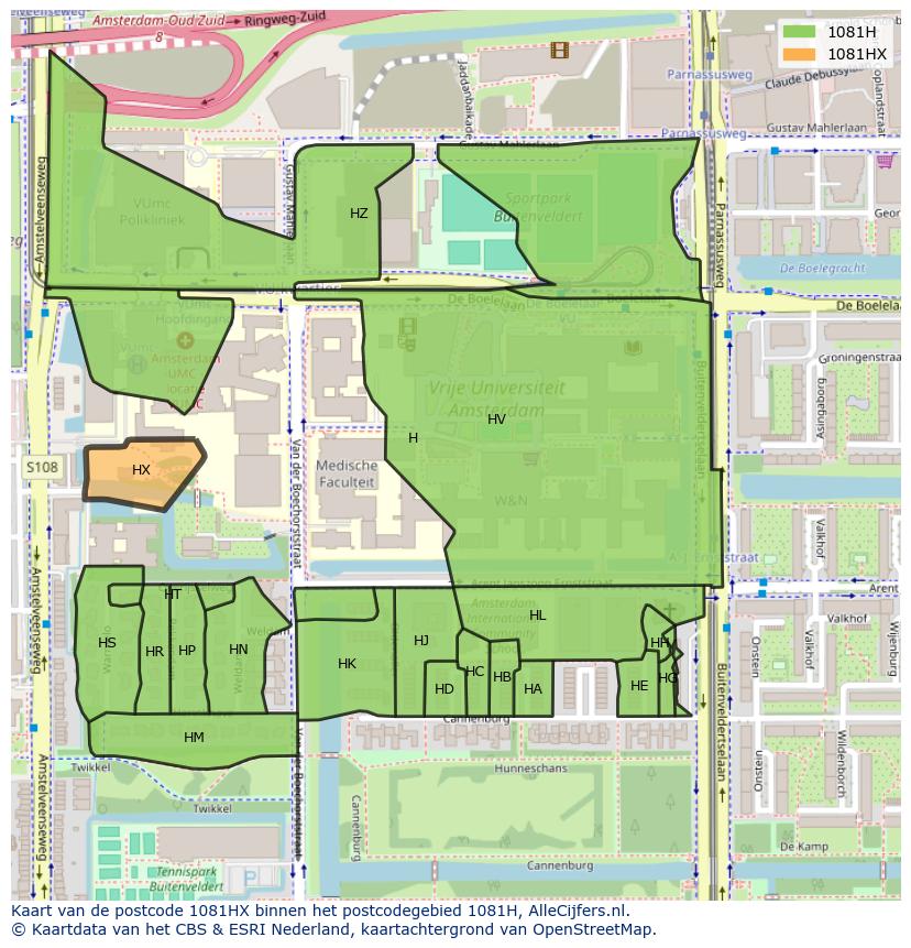 Afbeelding van het postcodegebied 1081 HX op de kaart.