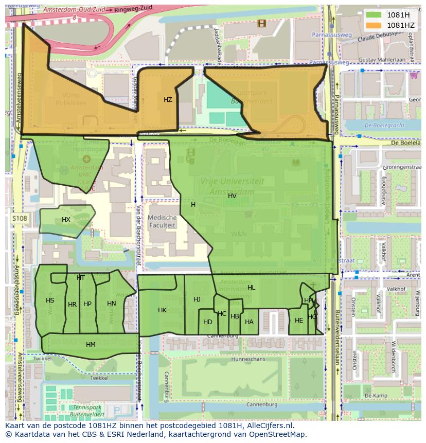 Afbeelding van het postcodegebied 1081 HZ op de kaart.