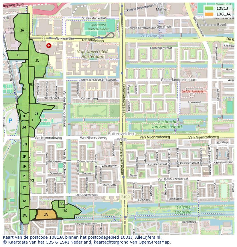 Afbeelding van het postcodegebied 1081 JA op de kaart.