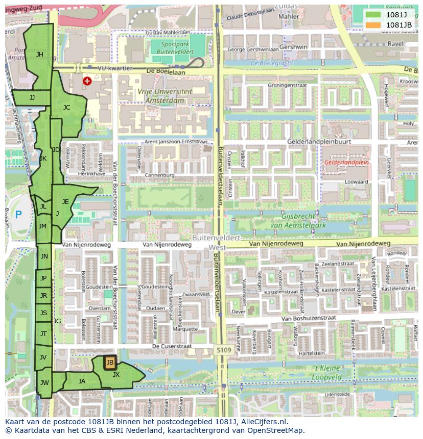 Afbeelding van het postcodegebied 1081 JB op de kaart.