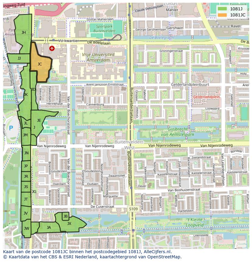 Afbeelding van het postcodegebied 1081 JC op de kaart.