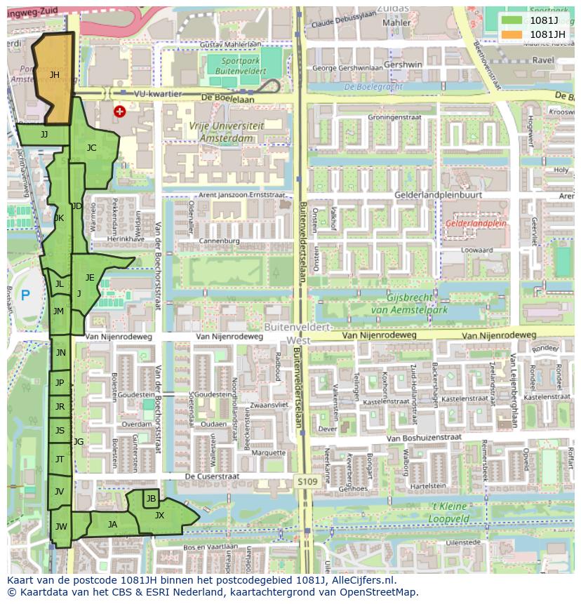 Afbeelding van het postcodegebied 1081 JH op de kaart.