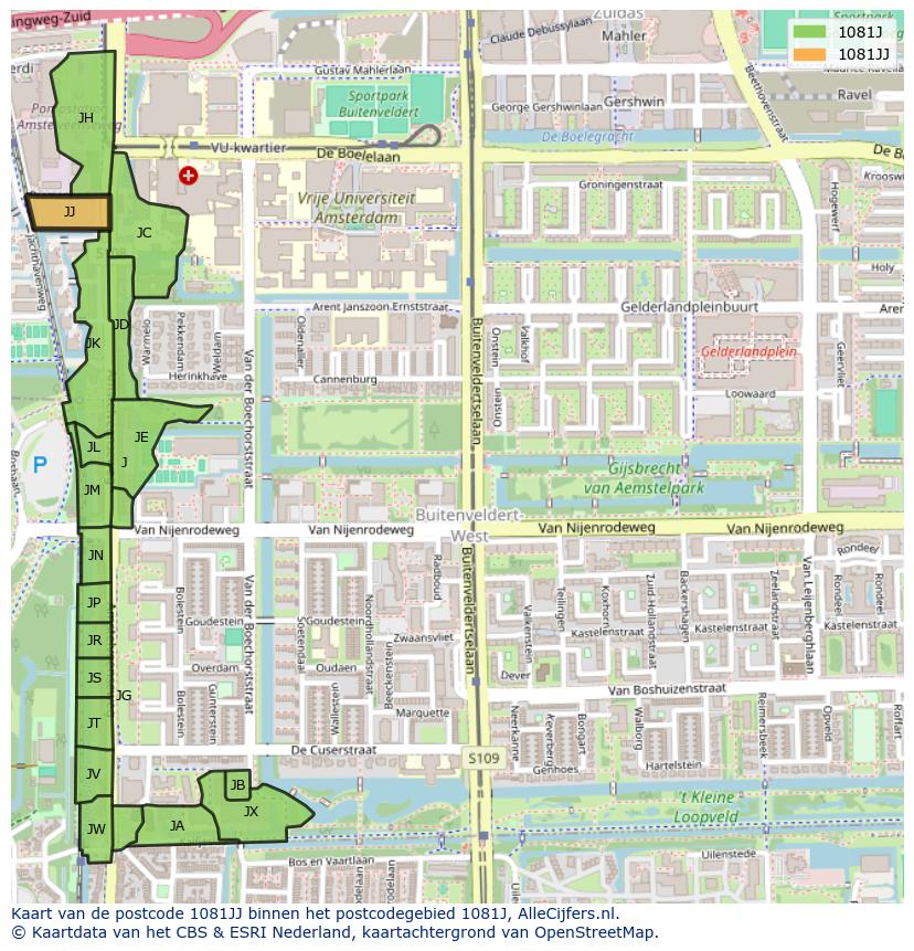 Afbeelding van het postcodegebied 1081 JJ op de kaart.