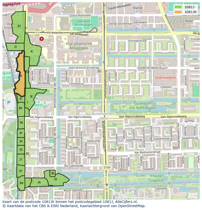 Afbeelding van het postcodegebied 1081 JK op de kaart.