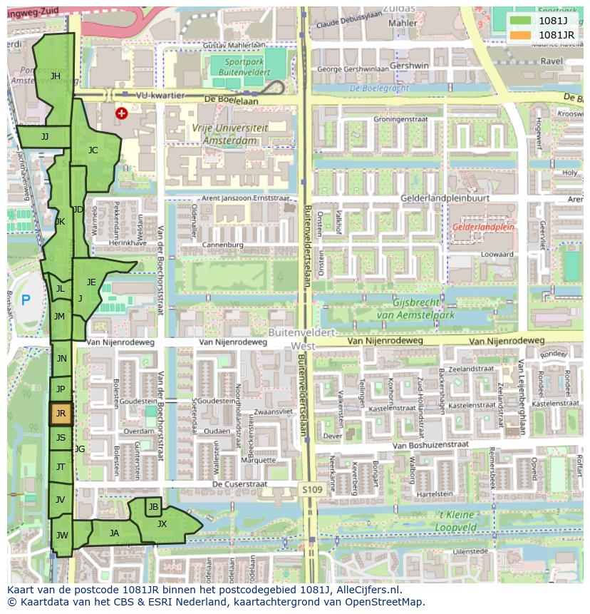 Afbeelding van het postcodegebied 1081 JR op de kaart.