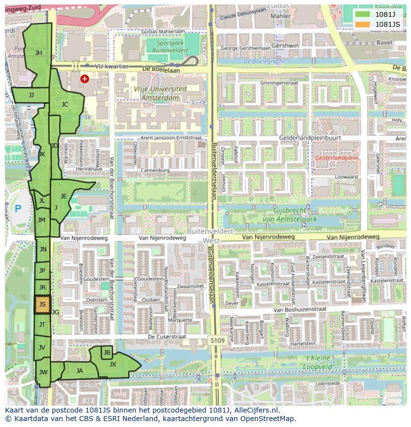 Afbeelding van het postcodegebied 1081 JS op de kaart.