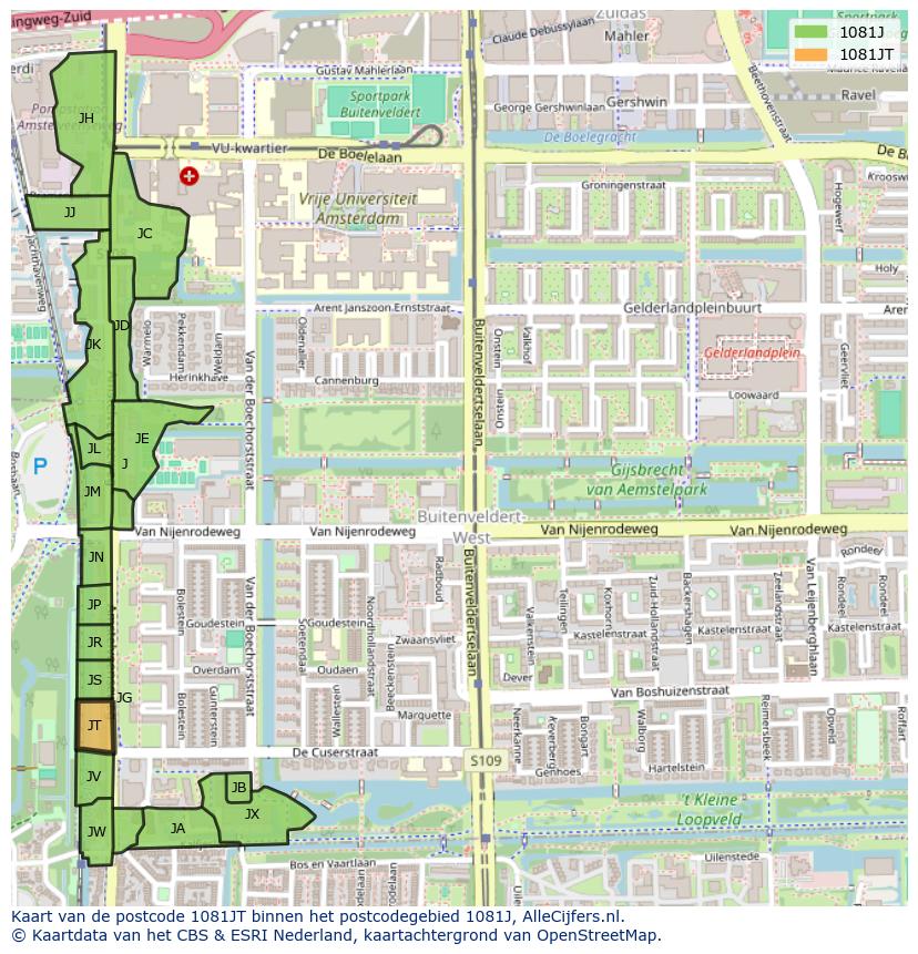 Afbeelding van het postcodegebied 1081 JT op de kaart.