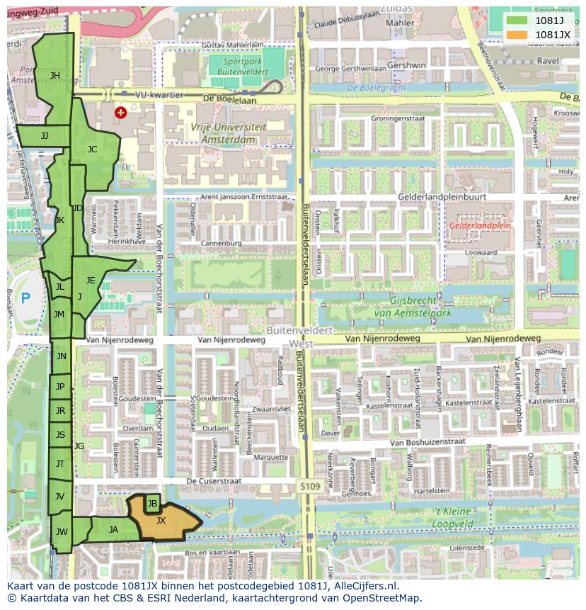 Afbeelding van het postcodegebied 1081 JX op de kaart.