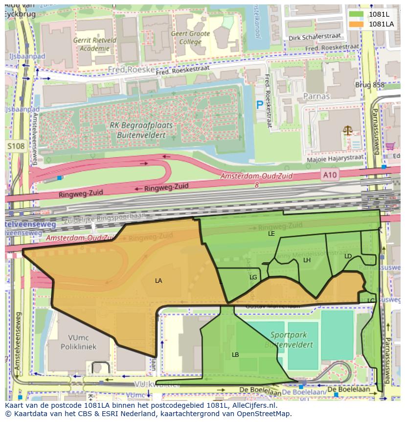Afbeelding van het postcodegebied 1081 LA op de kaart.
