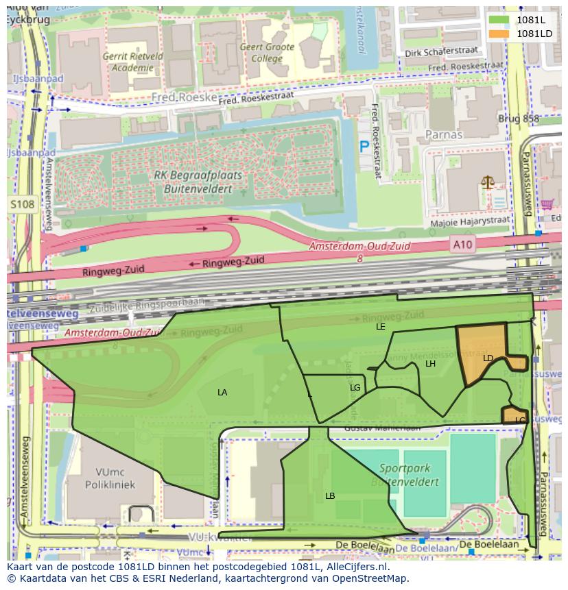 Afbeelding van het postcodegebied 1081 LD op de kaart.