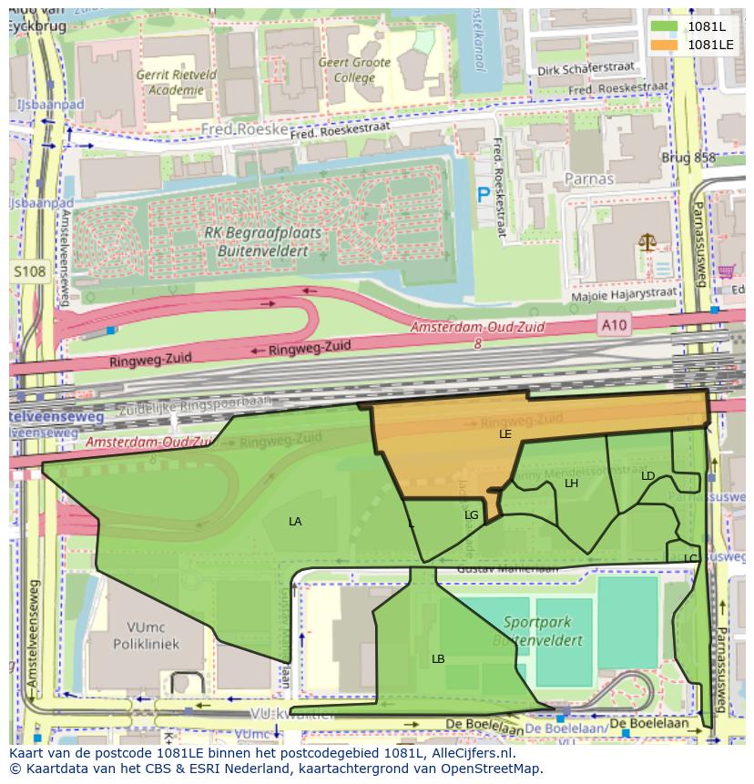 Afbeelding van het postcodegebied 1081 LE op de kaart.