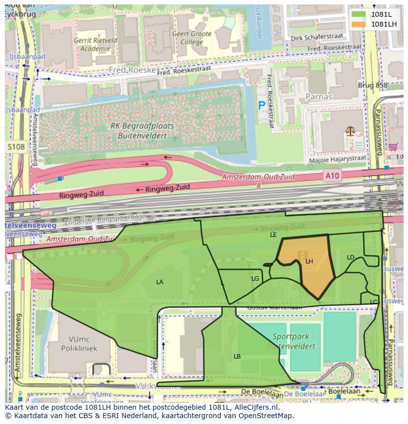 Afbeelding van het postcodegebied 1081 LH op de kaart.