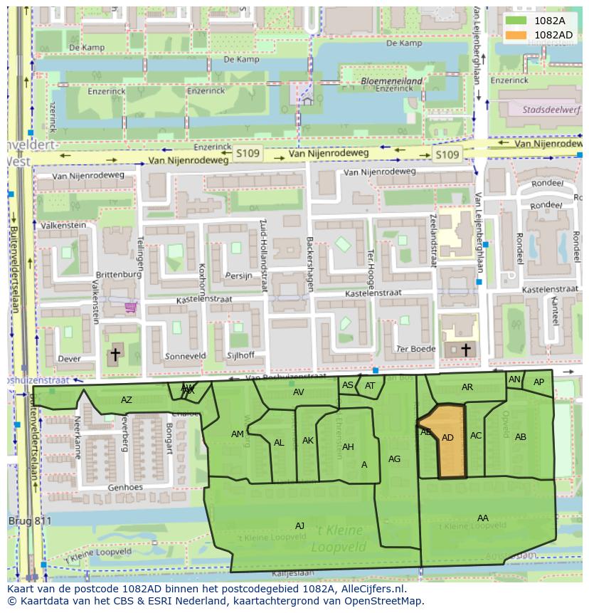 Afbeelding van het postcodegebied 1082 AD op de kaart.