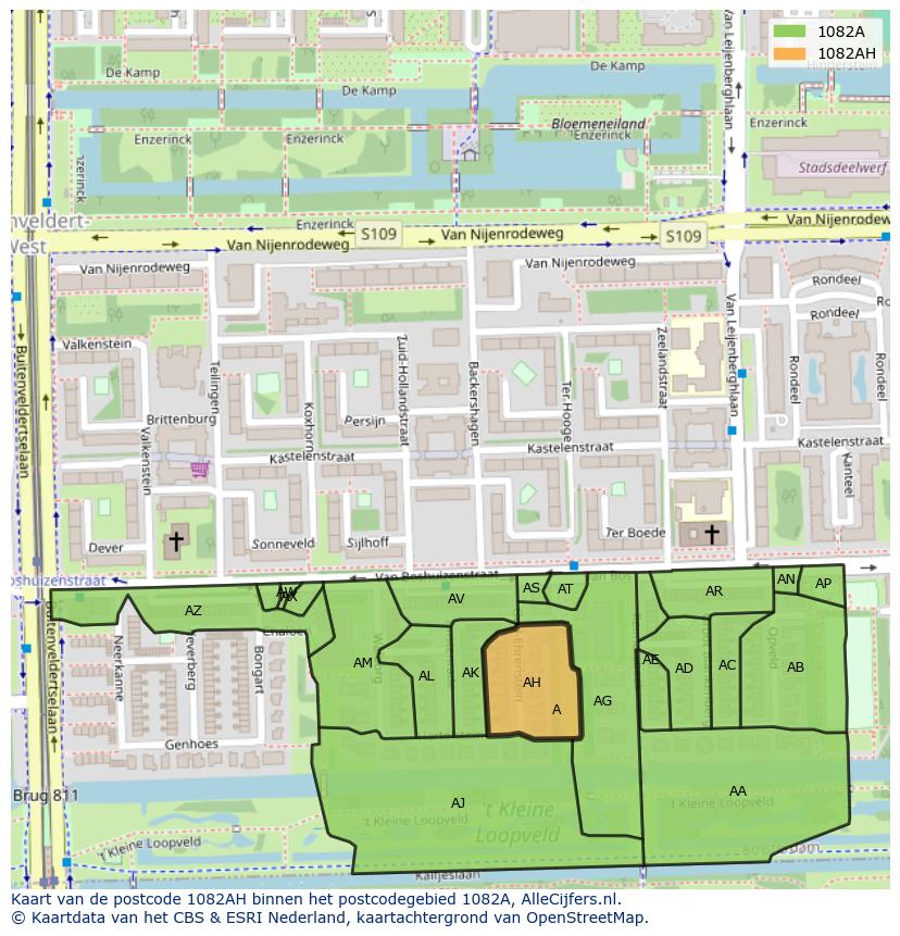 Afbeelding van het postcodegebied 1082 AH op de kaart.