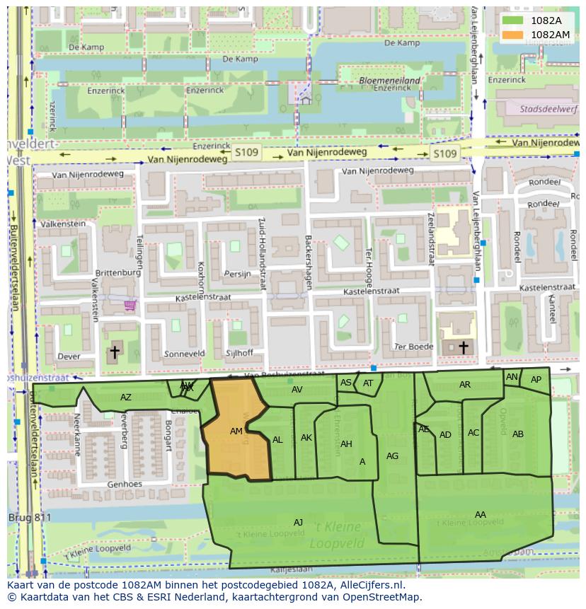 Afbeelding van het postcodegebied 1082 AM op de kaart.