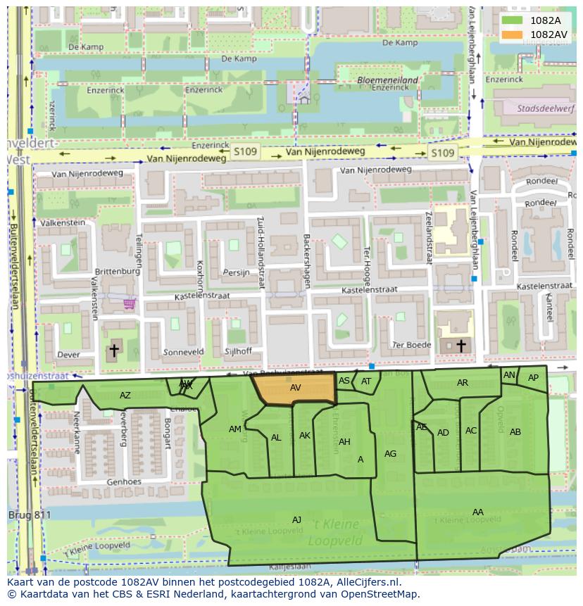 Afbeelding van het postcodegebied 1082 AV op de kaart.