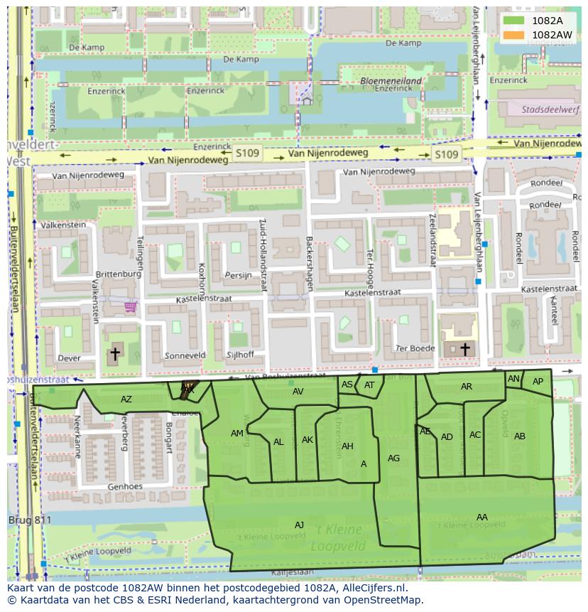 Afbeelding van het postcodegebied 1082 AW op de kaart.