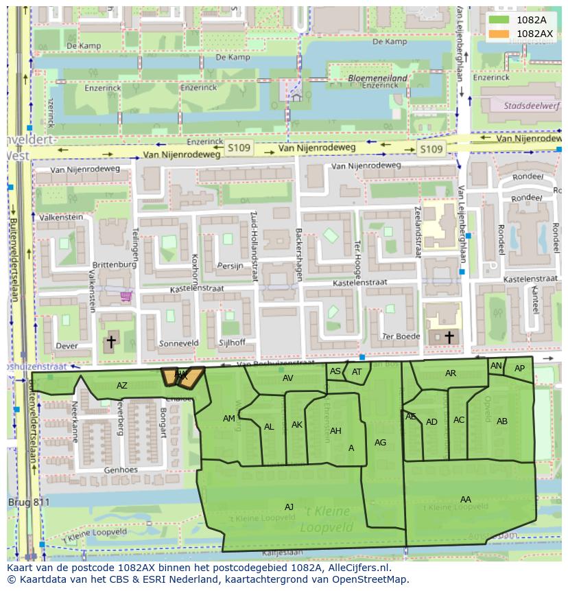 Afbeelding van het postcodegebied 1082 AX op de kaart.