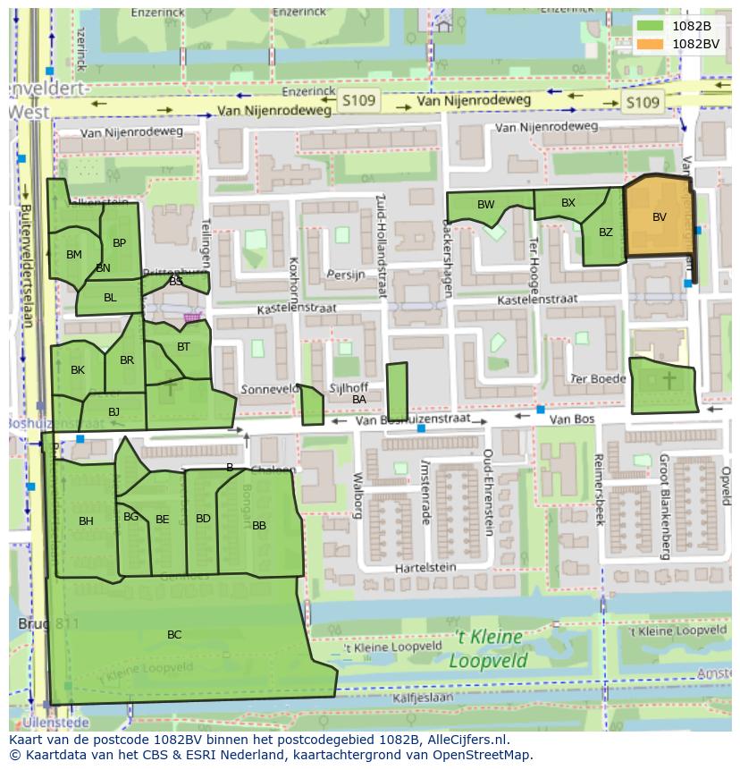 Afbeelding van het postcodegebied 1082 BV op de kaart.