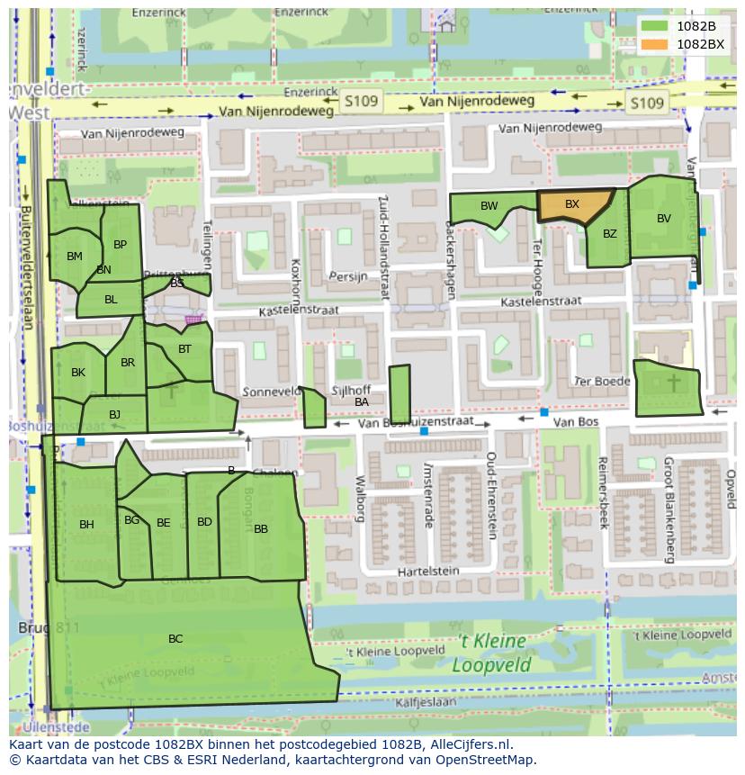 Afbeelding van het postcodegebied 1082 BX op de kaart.