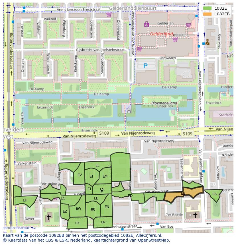 Afbeelding van het postcodegebied 1082 EB op de kaart.