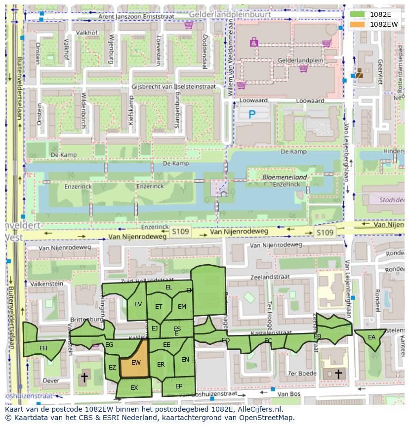 Afbeelding van het postcodegebied 1082 EW op de kaart.