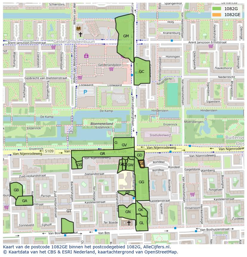 Afbeelding van het postcodegebied 1082 GE op de kaart.