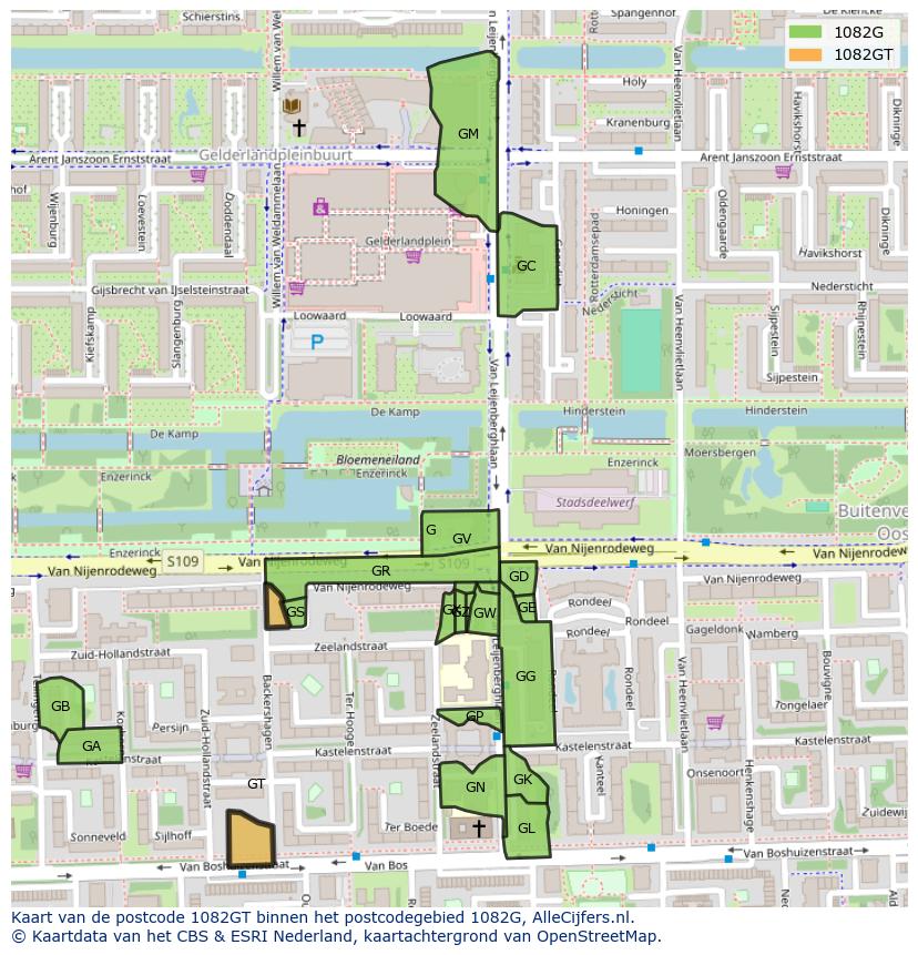 Afbeelding van het postcodegebied 1082 GT op de kaart.